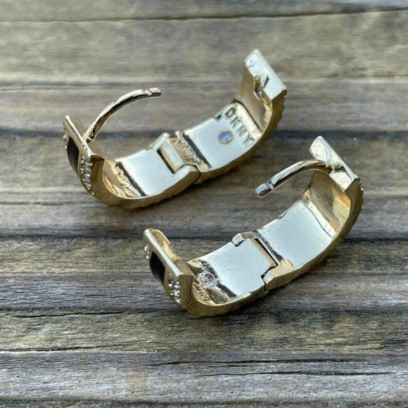 DKNY Women Earrings GoldBlack Tone Crystal Accent Hinge Ladies Ear Jewelry New - Picture 11 of 12
